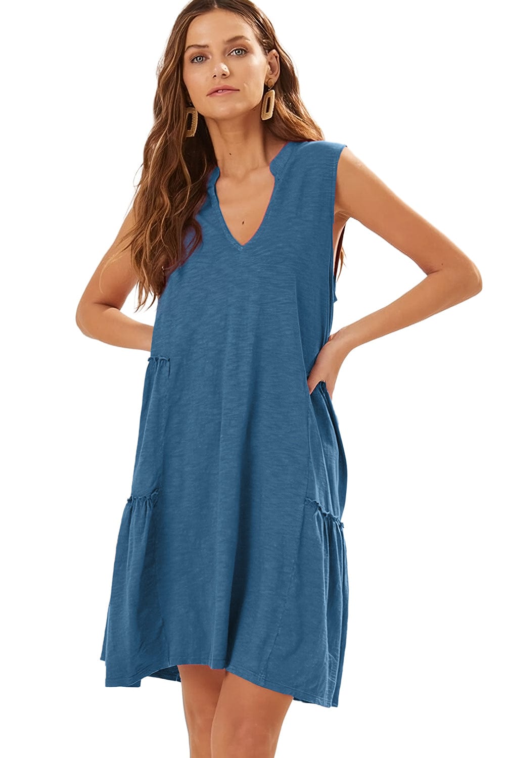 Sail Blue Flowy Tiered V-Neck Sleeveless Mini Dress