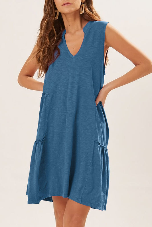 Sail Blue Flowy Tiered V-Neck Sleeveless Mini Dress
