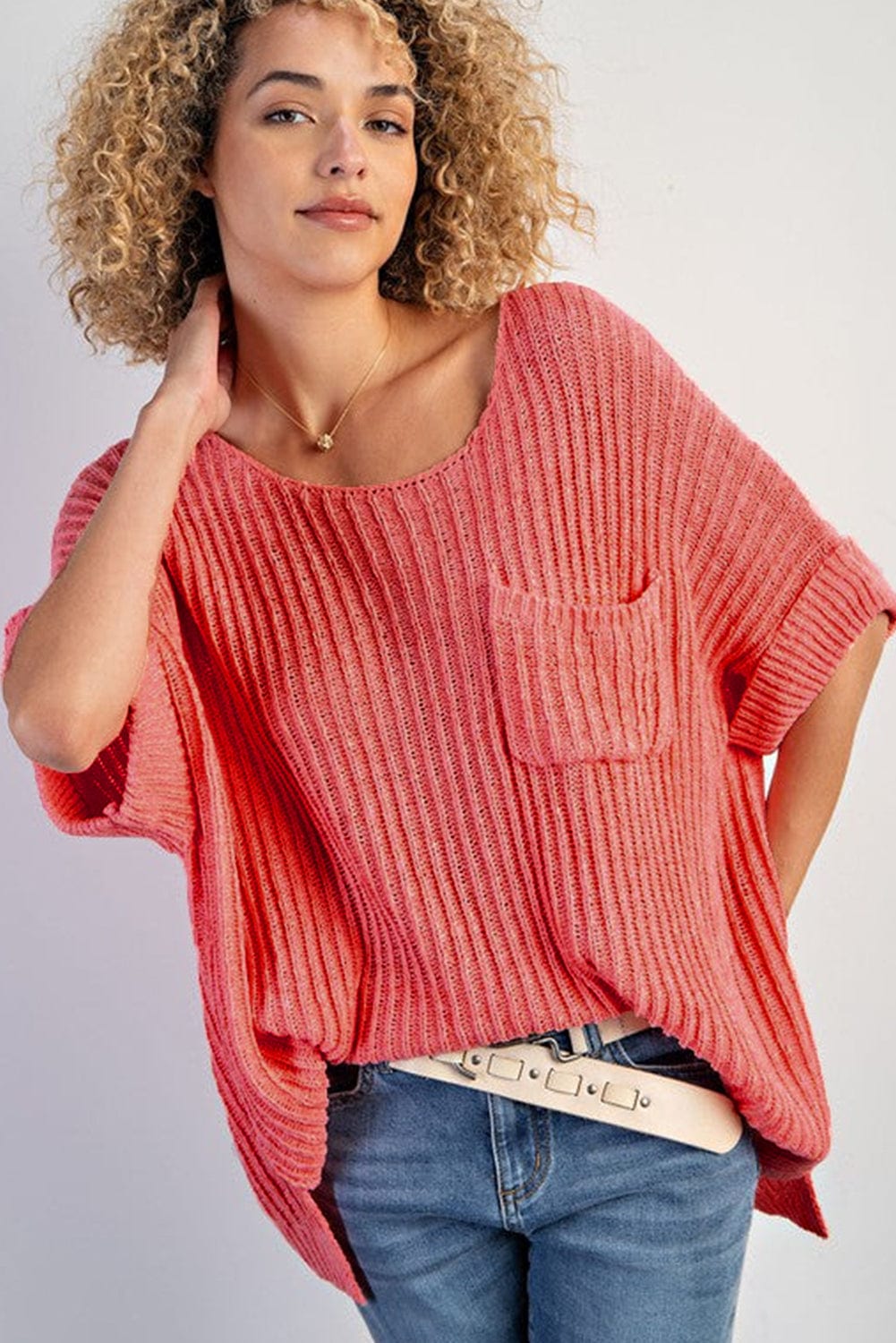 Salmon Pink Oversized Knit Pocket Tee with Chic Details