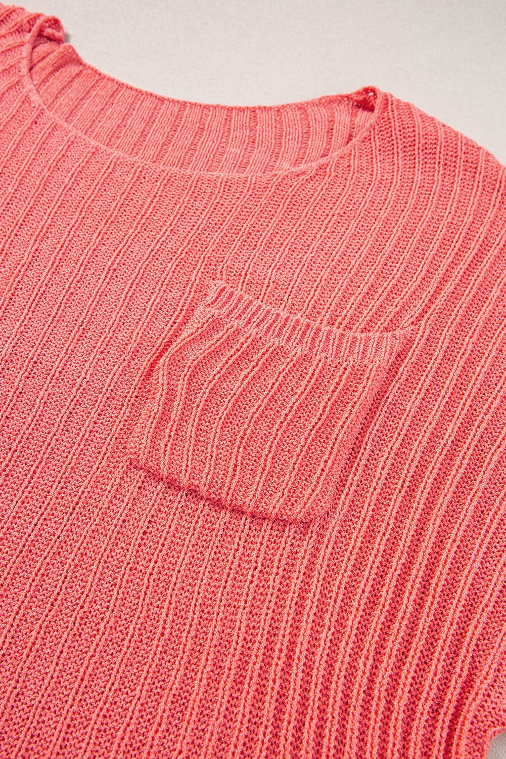 Salmon Pink Oversized Knit Pocket Tee with Chic Details