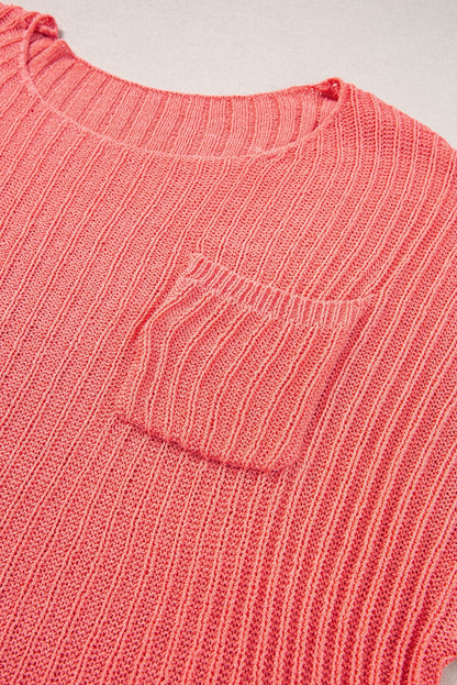 Salmon Pink Oversized Knit Pocket Tee with Chic Details