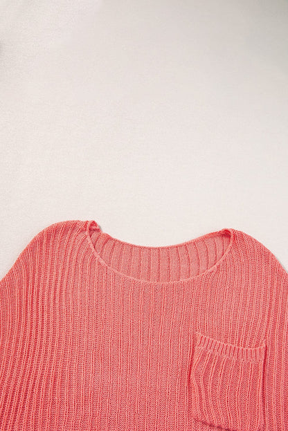 Salmon Pink Oversized Knit Pocket Tee with Chic Details
