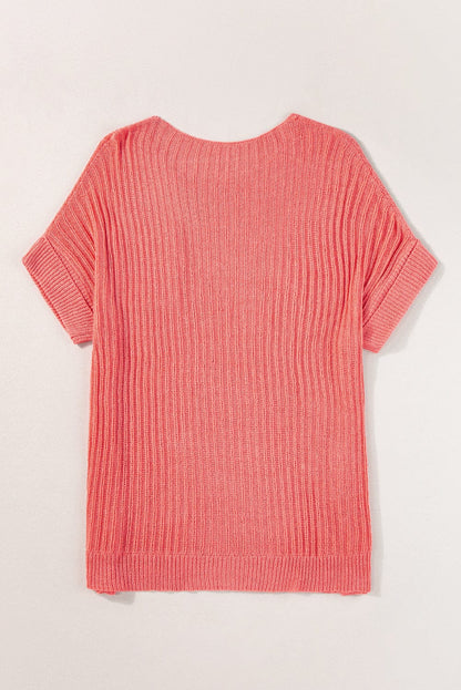 Salmon Pink Oversized Knit Pocket Tee with Chic Details