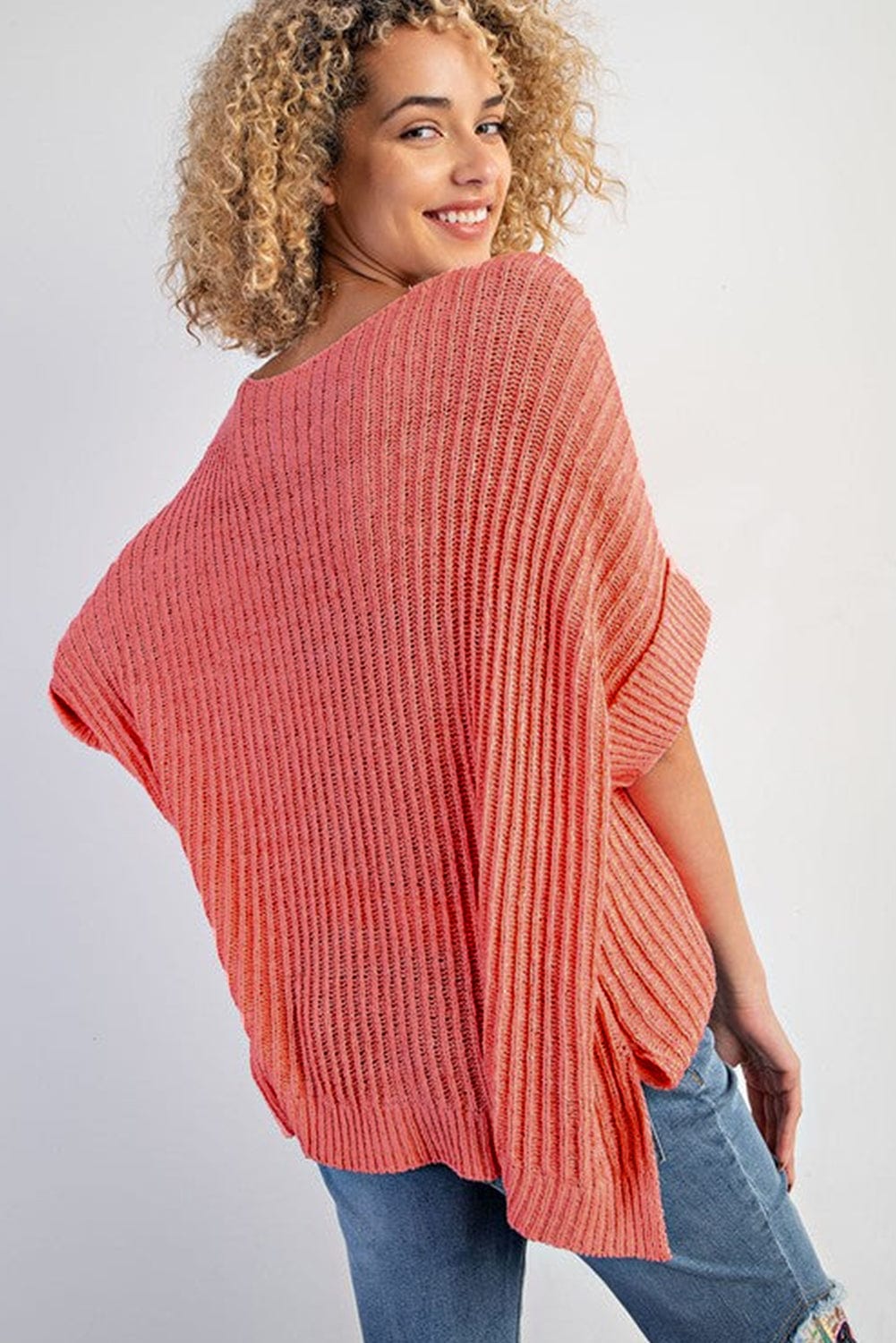 Salmon Pink Oversized Knit Pocket Tee with Chic Details