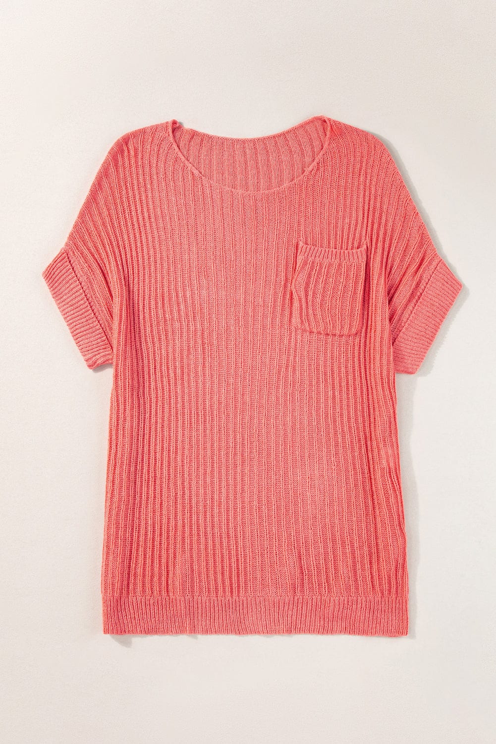 Salmon Pink Oversized Knit Pocket Tee with Chic Details