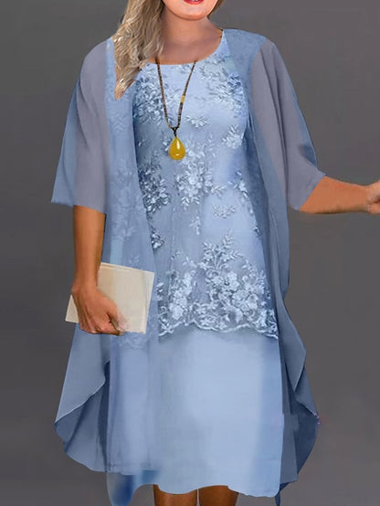 Women's Dress - Plus Size Casual Dress Floral Crew Neck Lace Half Sleeve Spring Fall Casual Midi Dress Daily Holiday Dress
