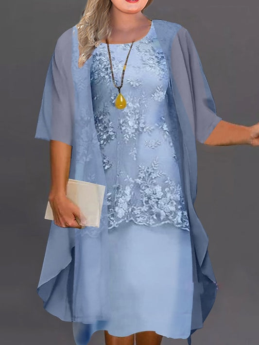 Women's Dress - Plus Size Casual Dress Floral Crew Neck Lace Half Sleeve Spring Fall Casual Midi Dress Daily Holiday Dress