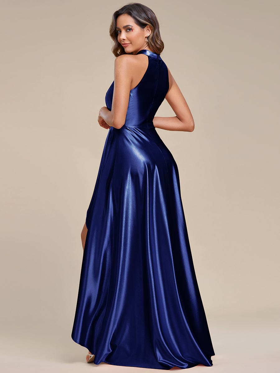 Satin High-Low Halter Bridesmaid Dress with Waist Collar