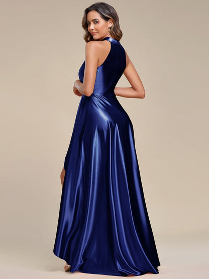Satin High-Low Halter Bridesmaid Dress with Waist Collar
