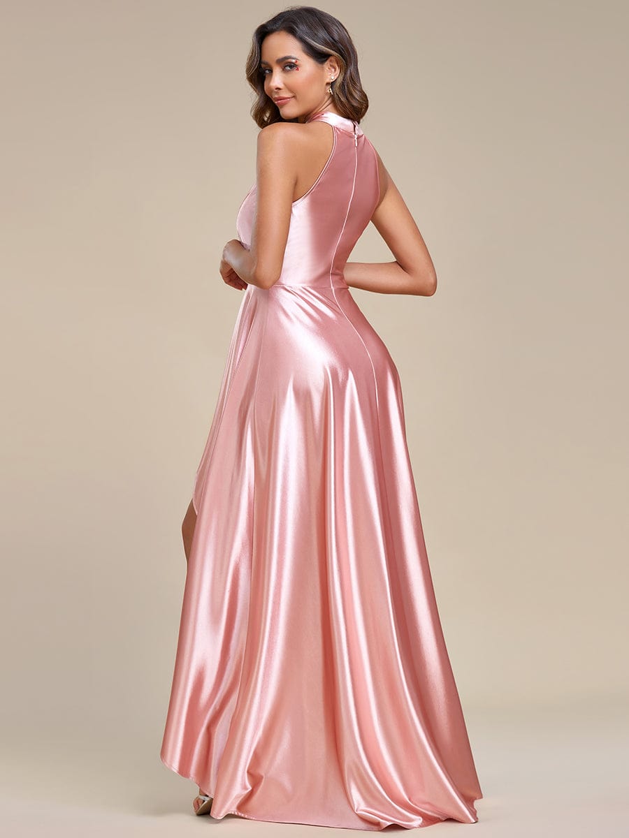 Satin High-Low Halter Bridesmaid Dress with Waist Collar