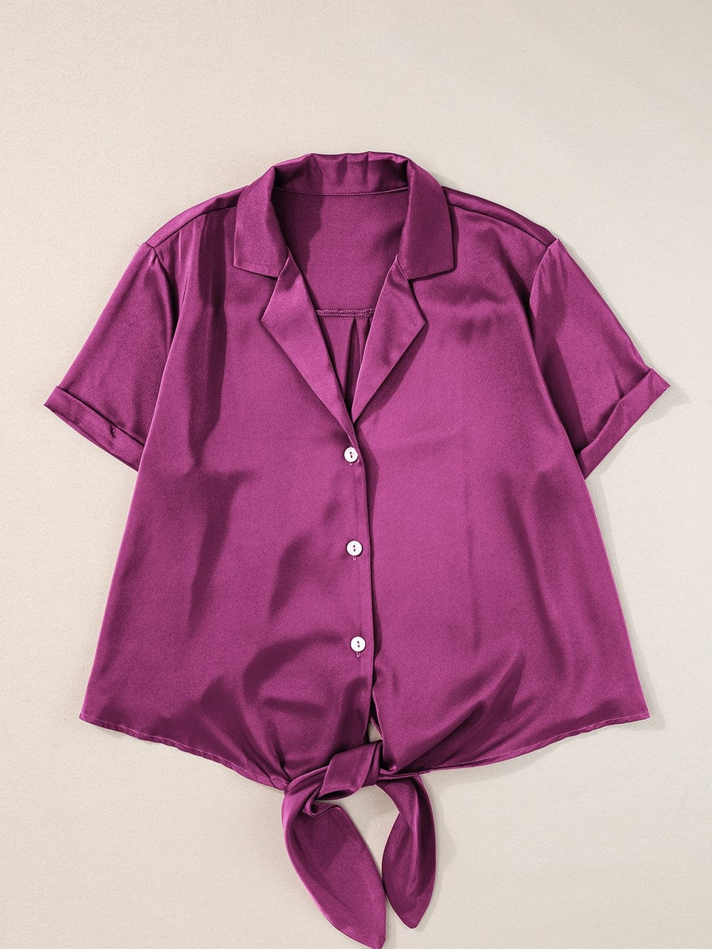 Satin Rose Red V-Neck Short Sleeve Shirt with Folded Cuffs