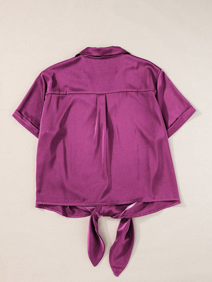 Satin Rose Red V-Neck Short Sleeve Shirt with Folded Cuffs