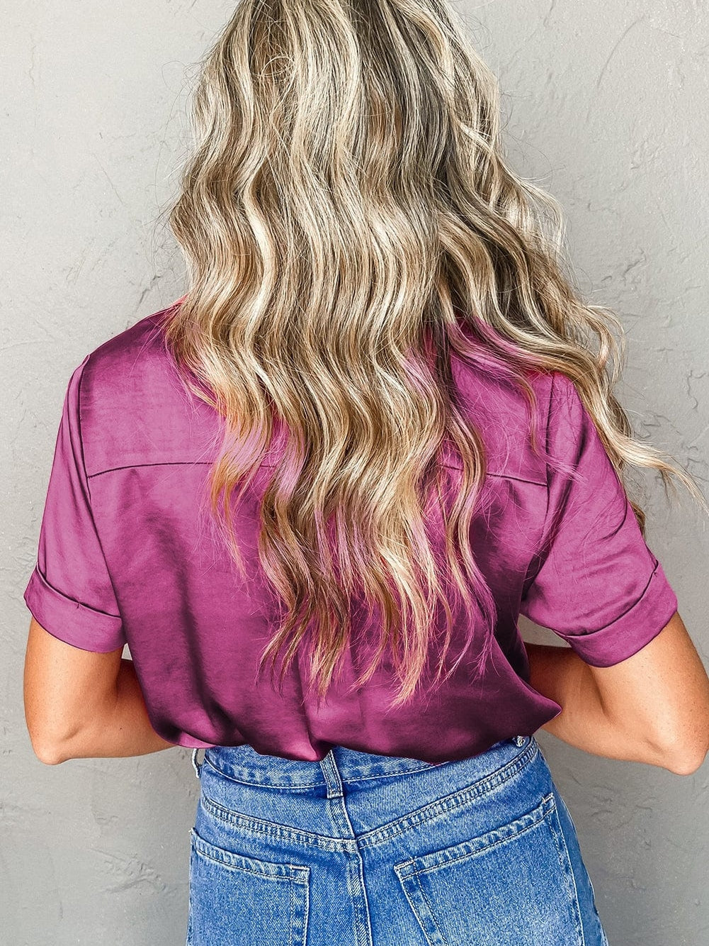 Satin Rose Red V-Neck Short Sleeve Shirt with Folded Cuffs