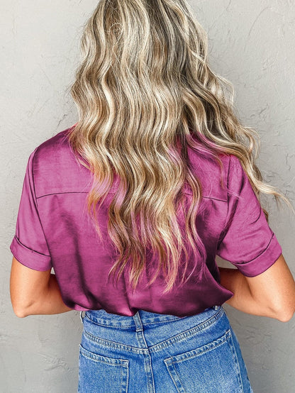 Satin Rose Red V-Neck Short Sleeve Shirt with Folded Cuffs