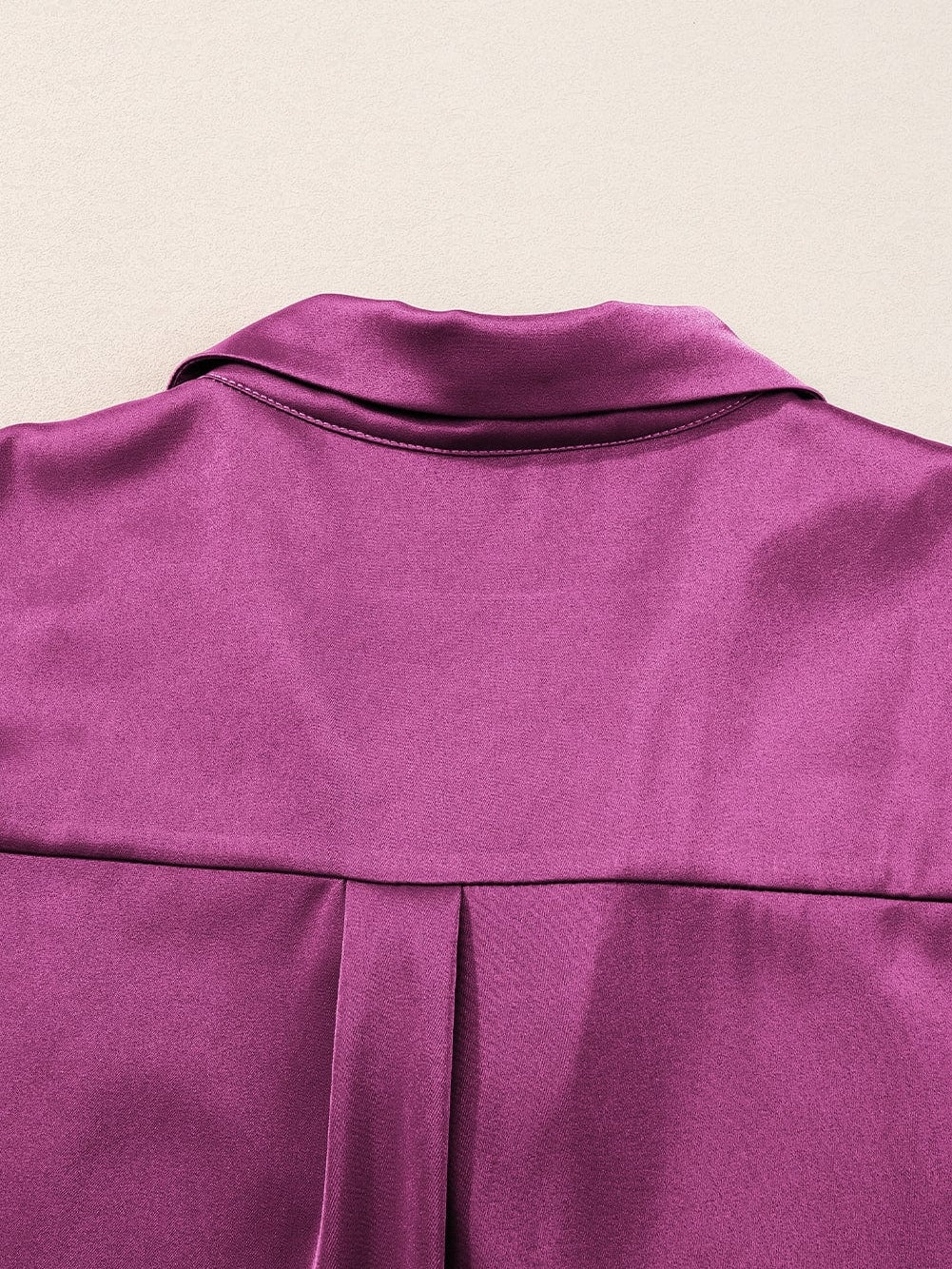 Satin Rose Red V-Neck Short Sleeve Shirt with Folded Cuffs