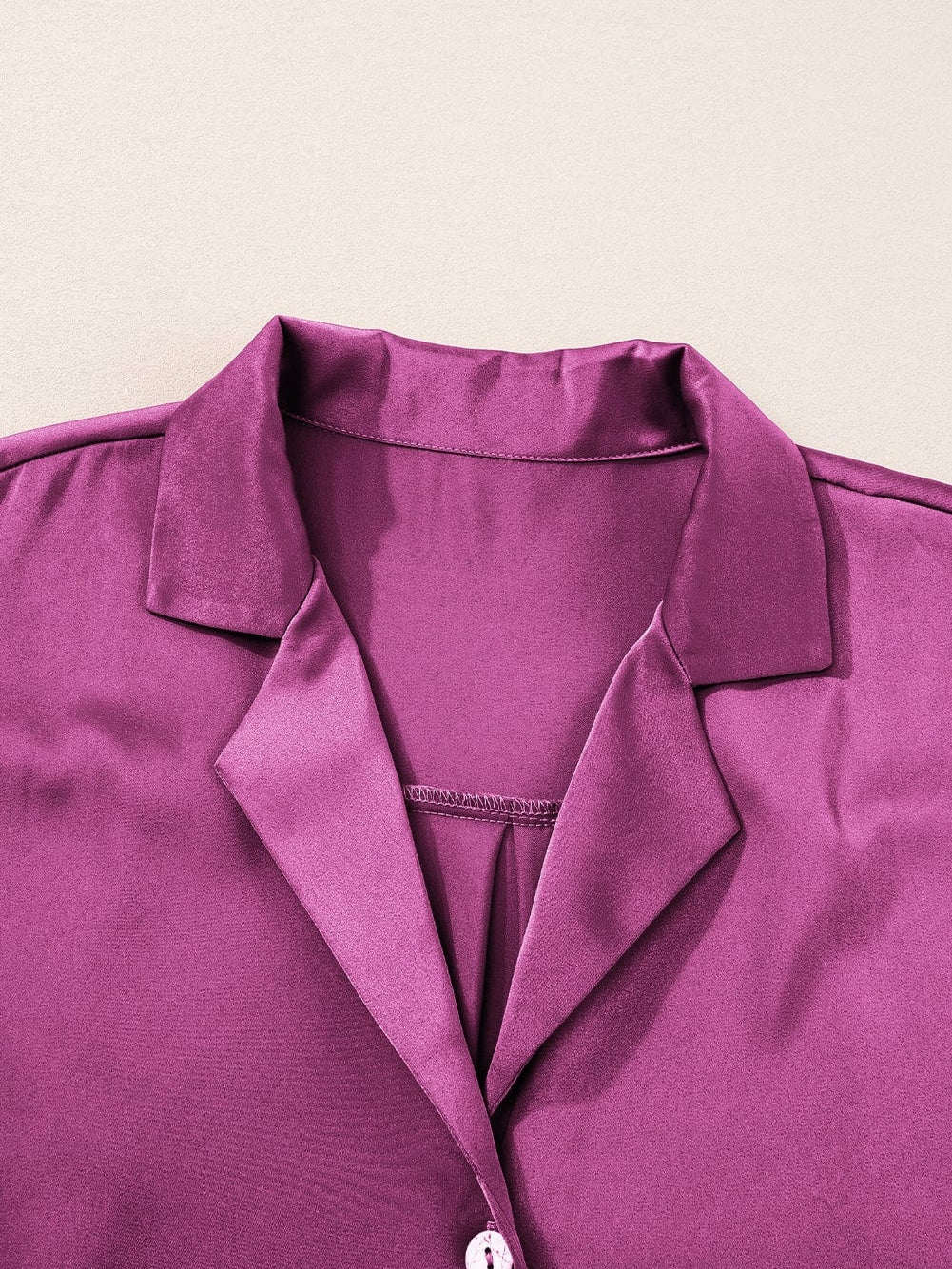 Satin Rose Red V-Neck Short Sleeve Shirt with Folded Cuffs