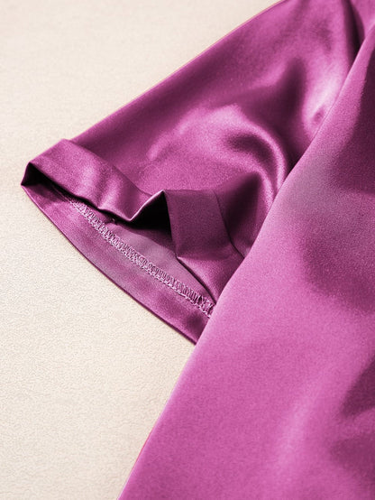 Satin Rose Red V-Neck Short Sleeve Shirt with Folded Cuffs