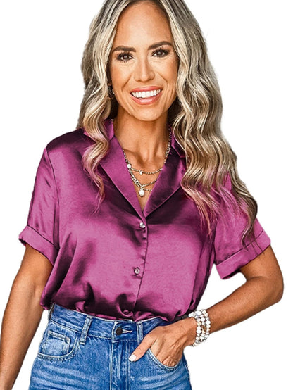 Satin Rose Red V-Neck Short Sleeve Shirt with Folded Cuffs