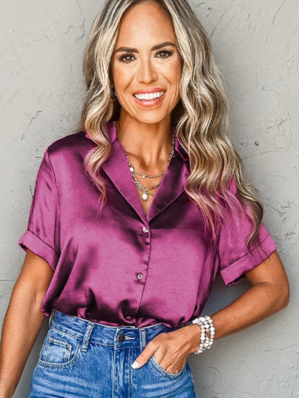 Satin Rose Red V-Neck Short Sleeve Shirt with Folded Cuffs