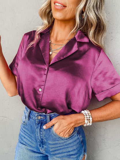 Satin Rose Red V-Neck Short Sleeve Shirt with Folded Cuffs