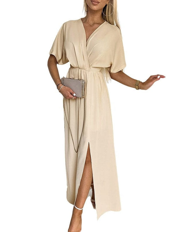 Satin V-neck Dress with Waist Belt and Slit Long Skirt for Women