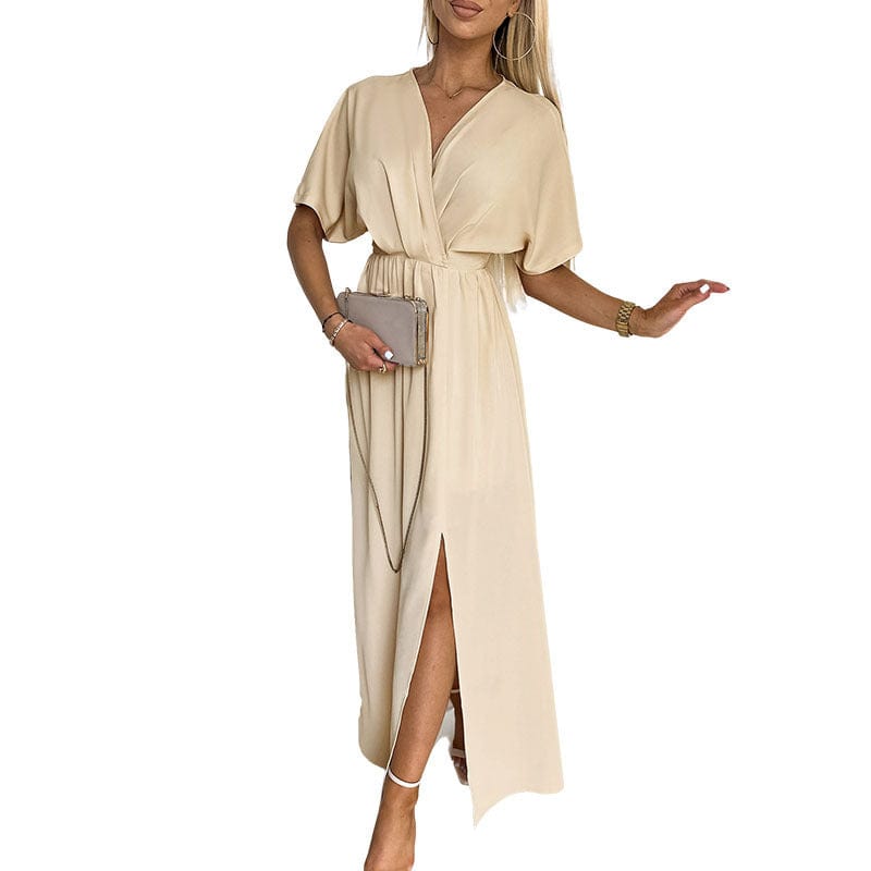 Satin V-neck Dress with Waist Belt and Slit Long Skirt for Women