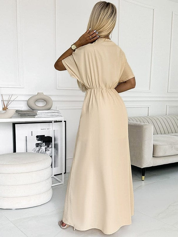 Satin V-neck Dress with Waist Belt and Slit Long Skirt for Women