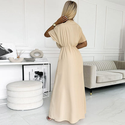 Satin V-neck Dress with Waist Belt and Slit Long Skirt for Women