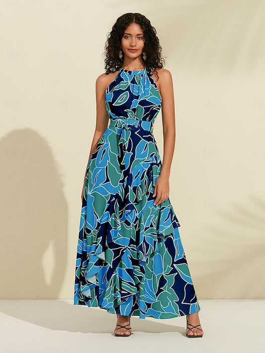 Floral Ruffle Chiffon Maxi Dress(Belt Included）