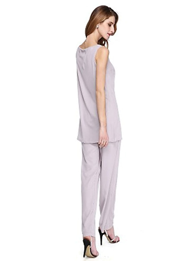 Jumpsuit / Pantsuit Mother of the Bride Dress Plus Size Elegant Bateau Neck Floor Length Chiffon Sleeveless yes with Solid Color 2023 - LuckyFash™