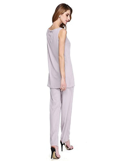 Jumpsuit / Pantsuit Mother of the Bride Dress Plus Size Elegant Bateau Neck Floor Length Chiffon Sleeveless yes with Solid Color 2023 - LuckyFash™