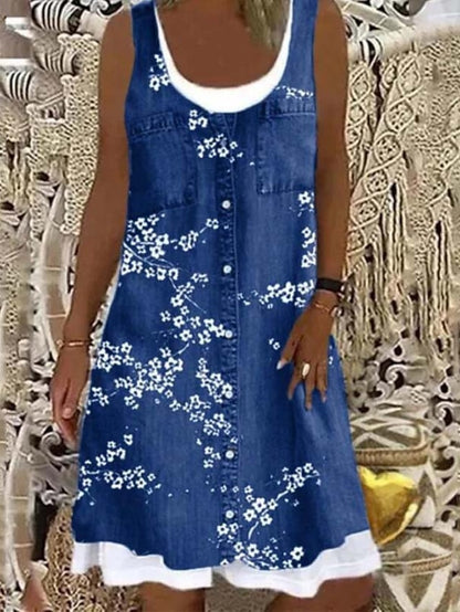 Women's Dress - Denim Dress Casual Dress Mini Dress Blue Dusty Blue Light Blue Sleeveless Floral Patchwork Summer Spring U Neck Fashion Vacation Loose Fit 2023 S M L XL XXL 3XL 4XL 5XL