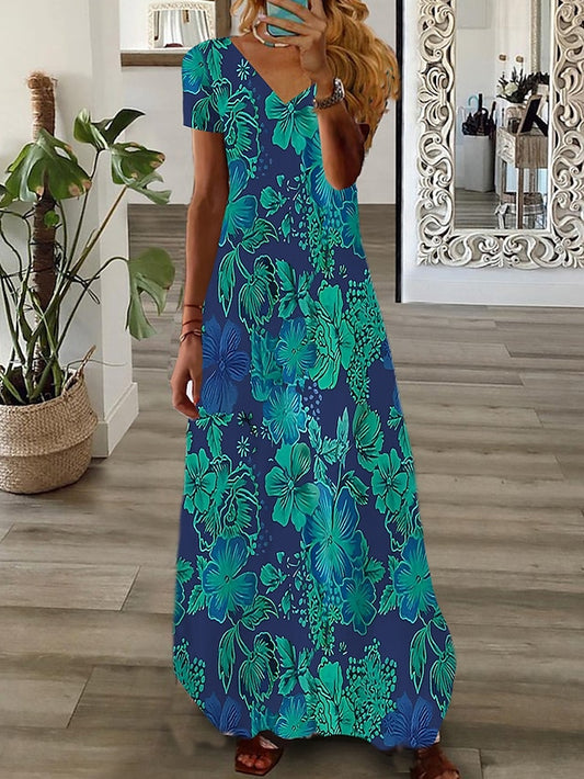 Women's Dress - Long Dress Maxi Dress Casual Dress Print Dress Graphic Floral Fashion Modern Daily Holiday Vacation Short Sleeve V Neck Dress Regular Fit White Pink Wine Summer Spring S M L XL 2XL 3XL 4XL 5XL