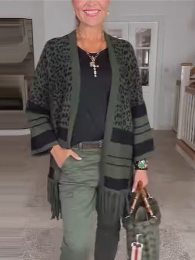 Women's Cardigan Sweater Jacket Open Front Ribbed Knit Polyester Tassel Knitted Print Fall Winter Regular Outdoor Daily Going out Fashion Casual Soft Long Sleeve Leopard Striped Dark Gray S M L