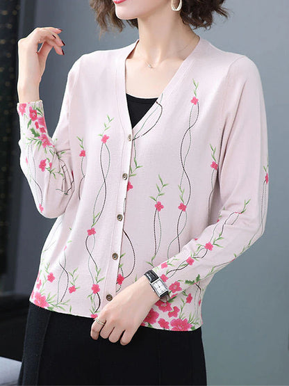 Women's Cardigan Sweater V Neck Ribbed Knit Polyester Button Print Fall Winter Outdoor Daily Holiday Stylish Casual Soft Long Sleeve Animal Floral Rose black Chain black Rose navy blue S M L