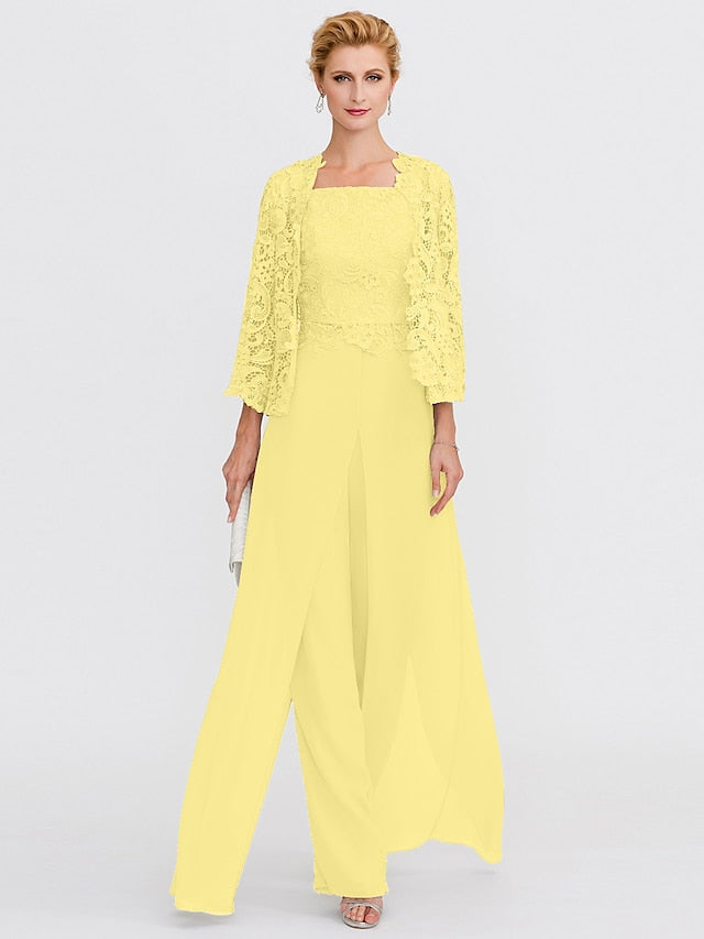 Jumpsuit / Pantsuit Mother of the Bride Dress Formal Plus Size Elegant Square Neck Floor Length Chiffon Corded Lace Sleeveless Wrap Included with Lace Appliques 2023 - LuckyFash™