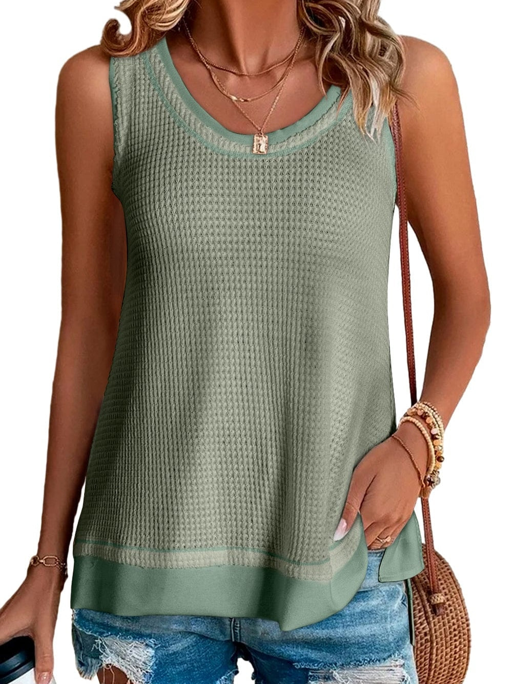 Seafoam Green Flowy Waffle Knit Scoop Neck Vest