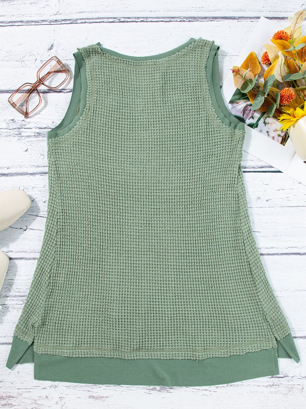 Seafoam Green Flowy Waffle Knit Scoop Neck Vest