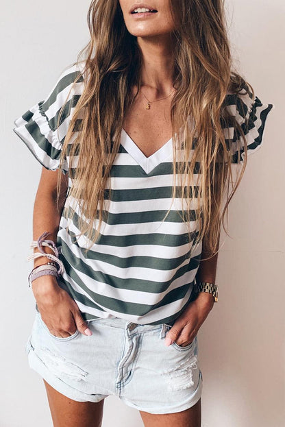Seafoam Green Ruffle Sleeve V Neck Striped Top