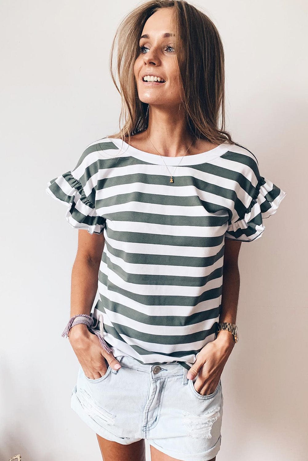 Seafoam Green Ruffle Sleeve V Neck Striped Top