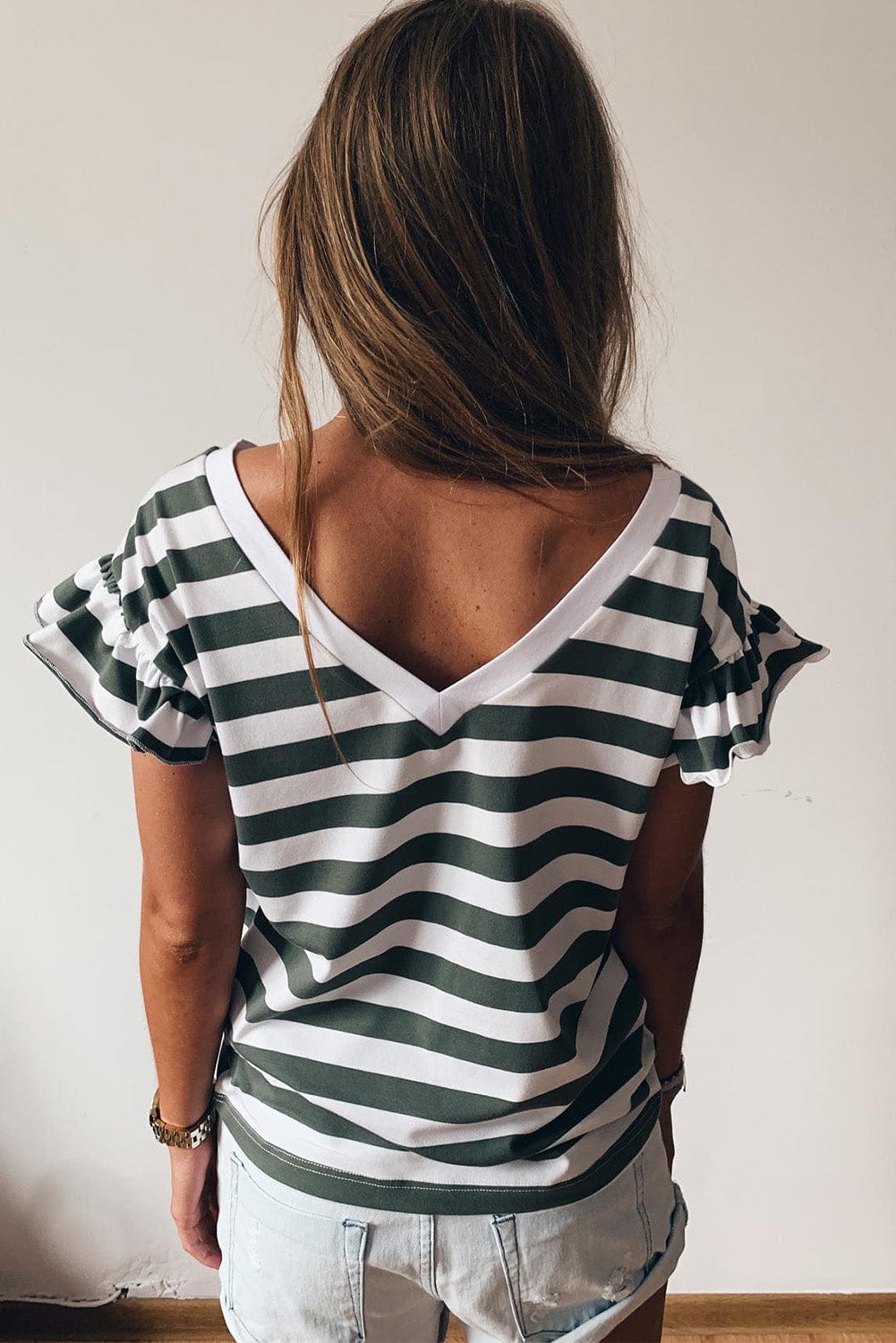 Seafoam Green Ruffle Sleeve V Neck Striped Top