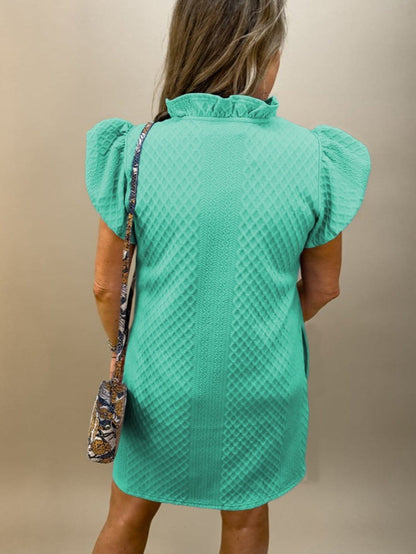 Seafoam Green Ruffle V-Neck Puff Sleeve Textured Shift Mini Dress
