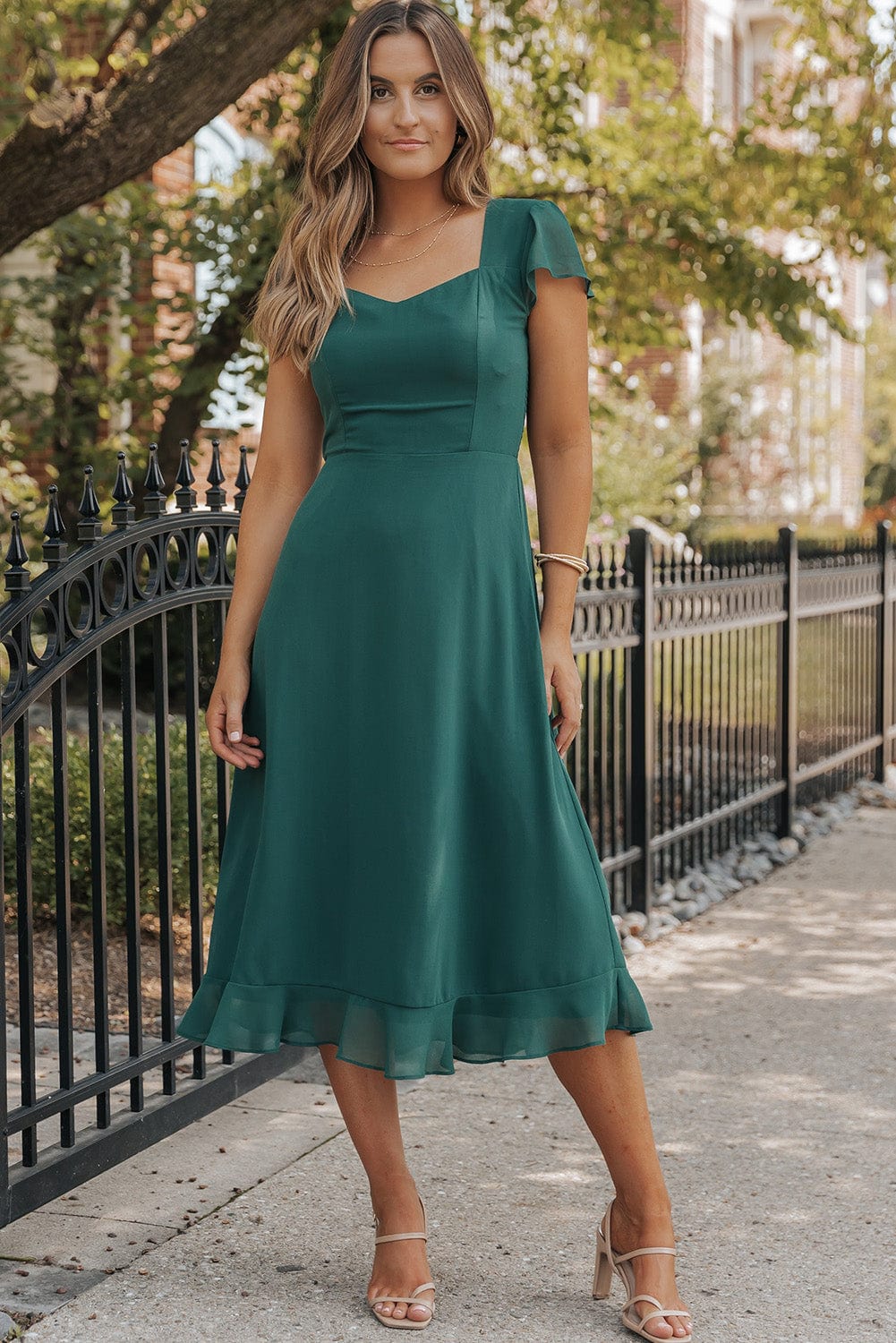 Seafoam Green Sweetheart Neck Ruffle Midi Dress with Shirred Open Back