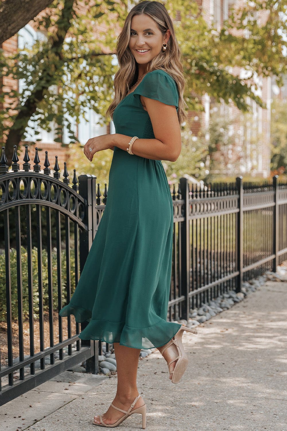 Seafoam Green Sweetheart Neck Ruffle Midi Dress with Shirred Open Back