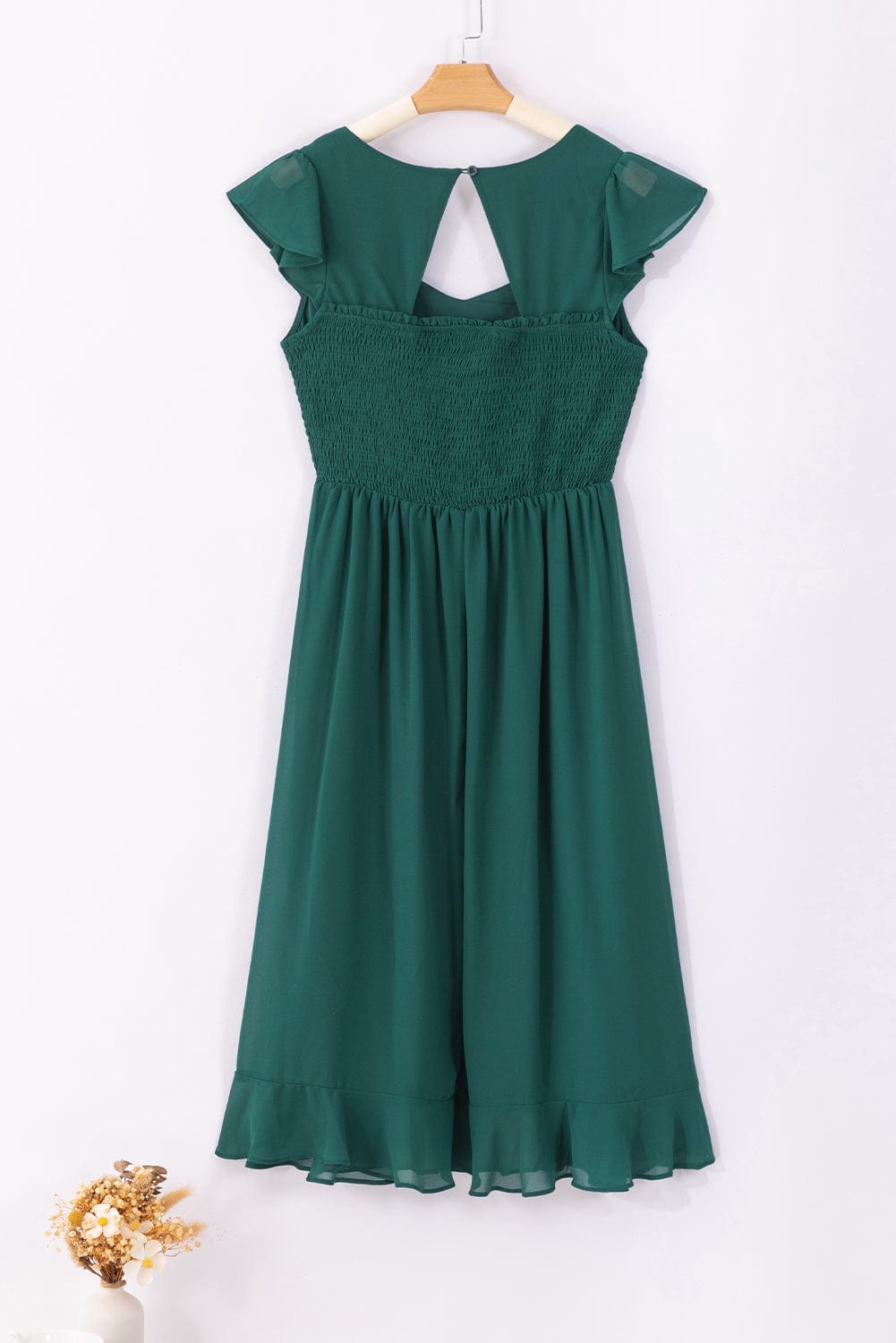 Seafoam Green Sweetheart Neck Ruffle Midi Dress with Shirred Open Back