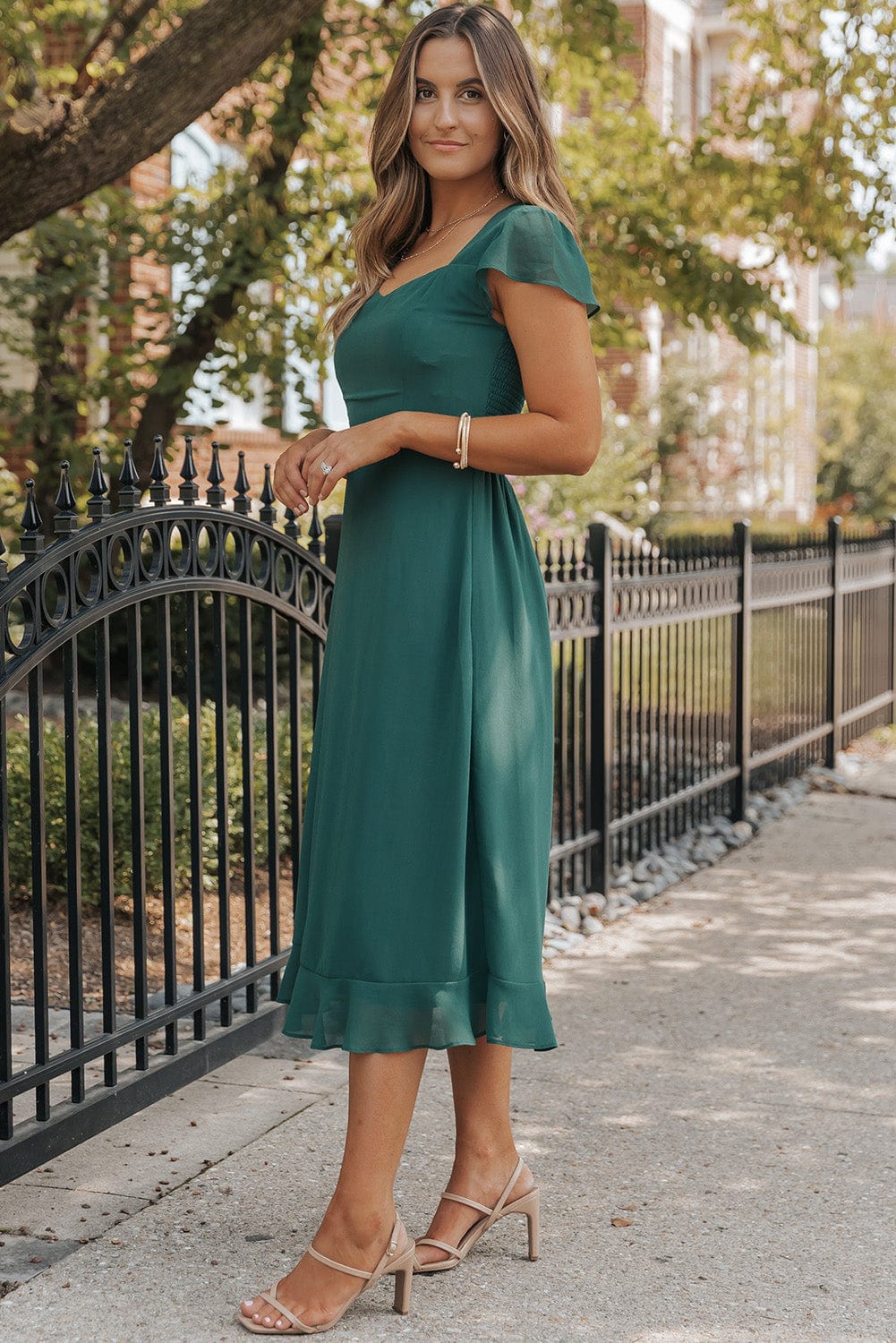 Seafoam Green Sweetheart Neck Ruffle Midi Dress with Shirred Open Back