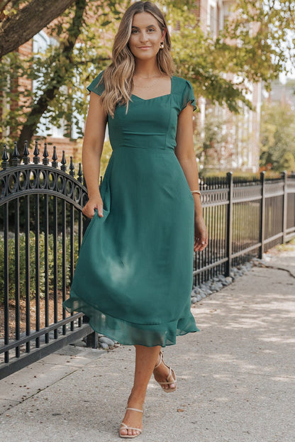 Seafoam Green Sweetheart Neck Ruffle Midi Dress with Shirred Open Back