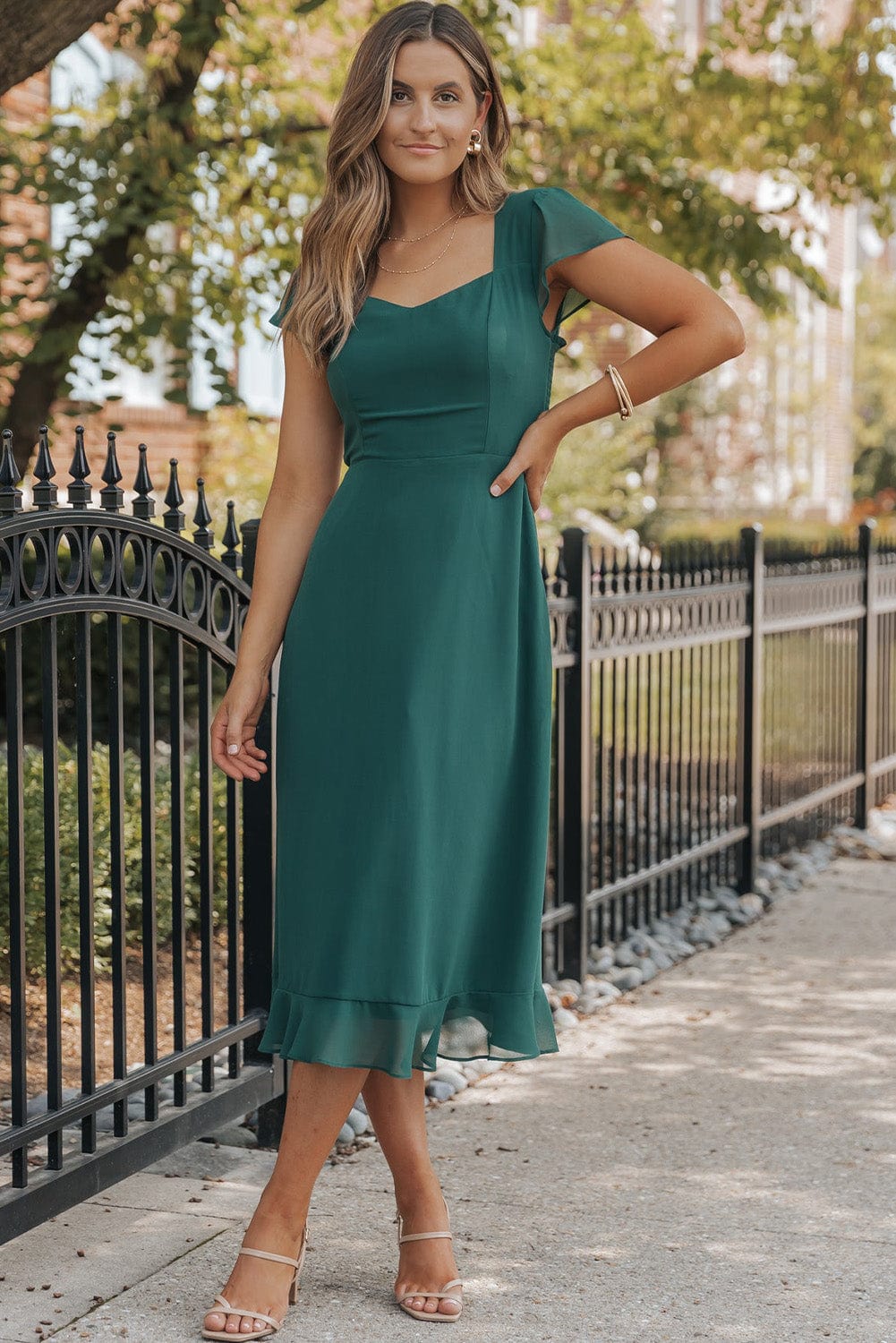 Seafoam Green Sweetheart Neck Ruffle Midi Dress with Shirred Open Back