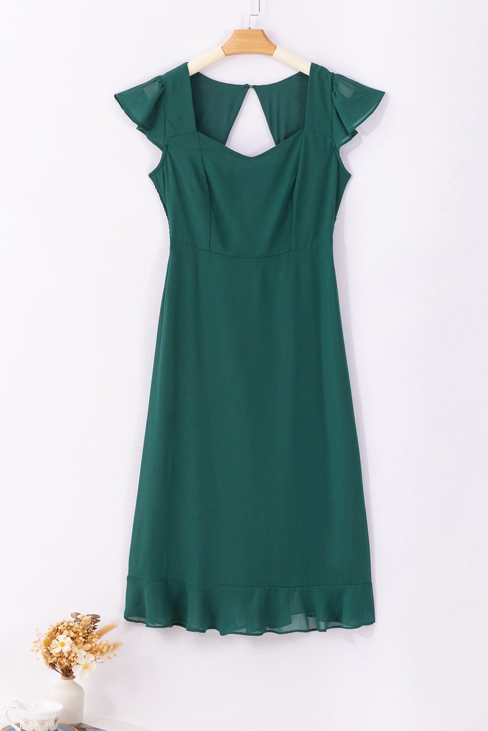 Seafoam Green Sweetheart Neck Ruffle Midi Dress with Shirred Open Back