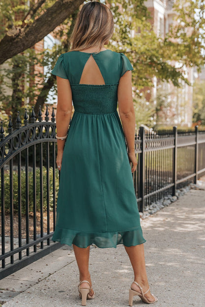 Seafoam Green Sweetheart Neck Ruffle Midi Dress with Shirred Open Back